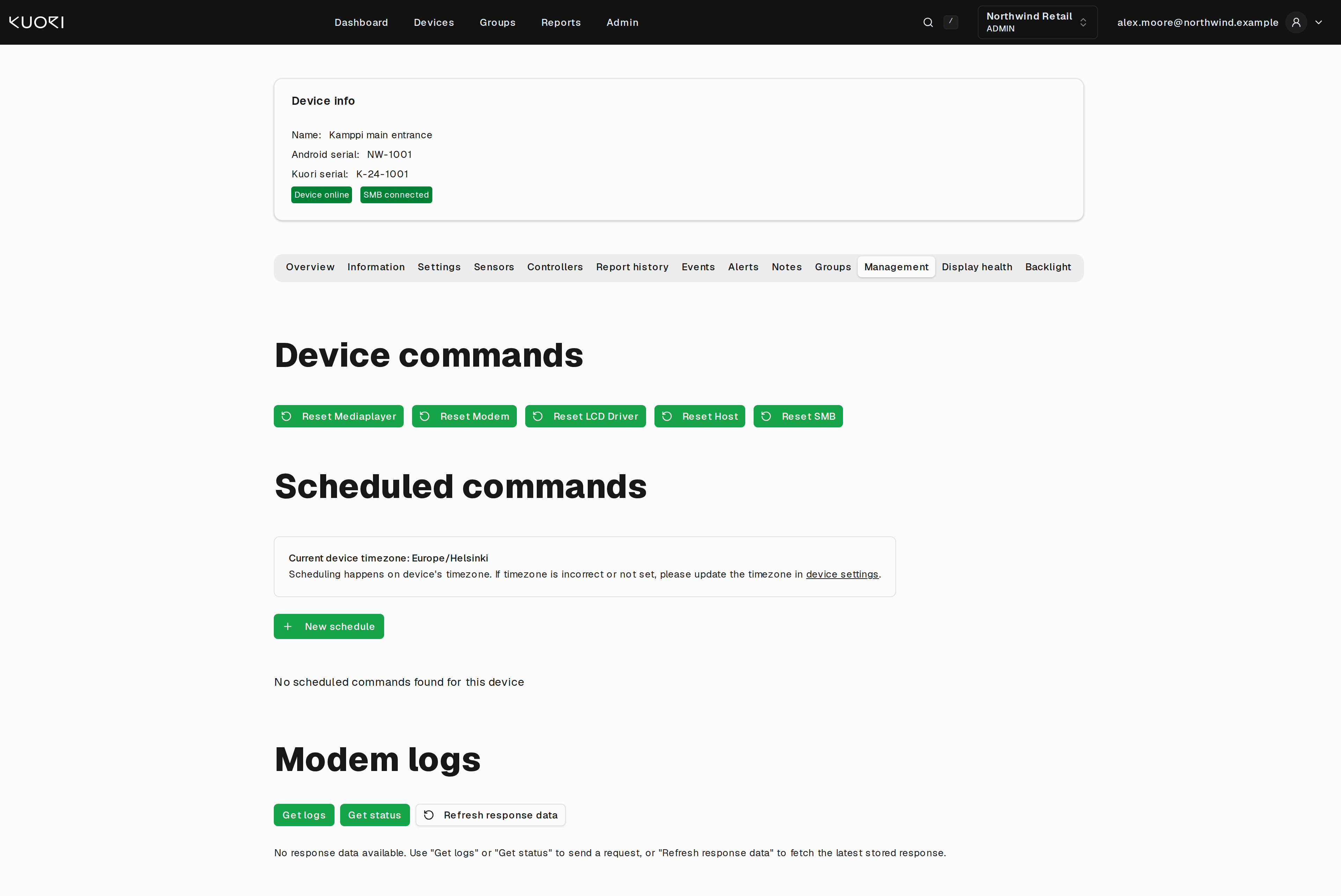 The Management tab, with the five reset buttons