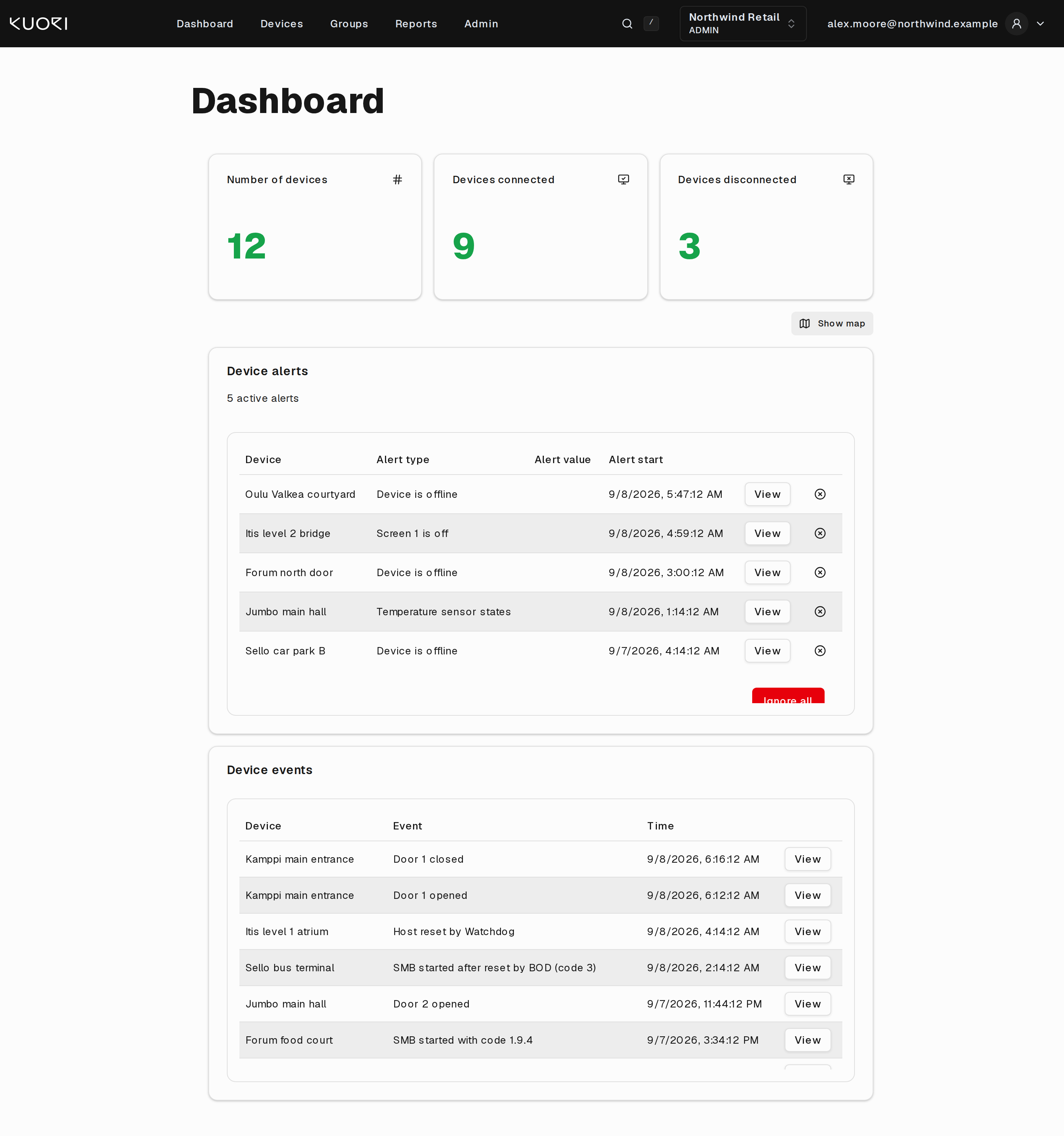 The DSM dashboard, with device counters, the alerts card and the events card