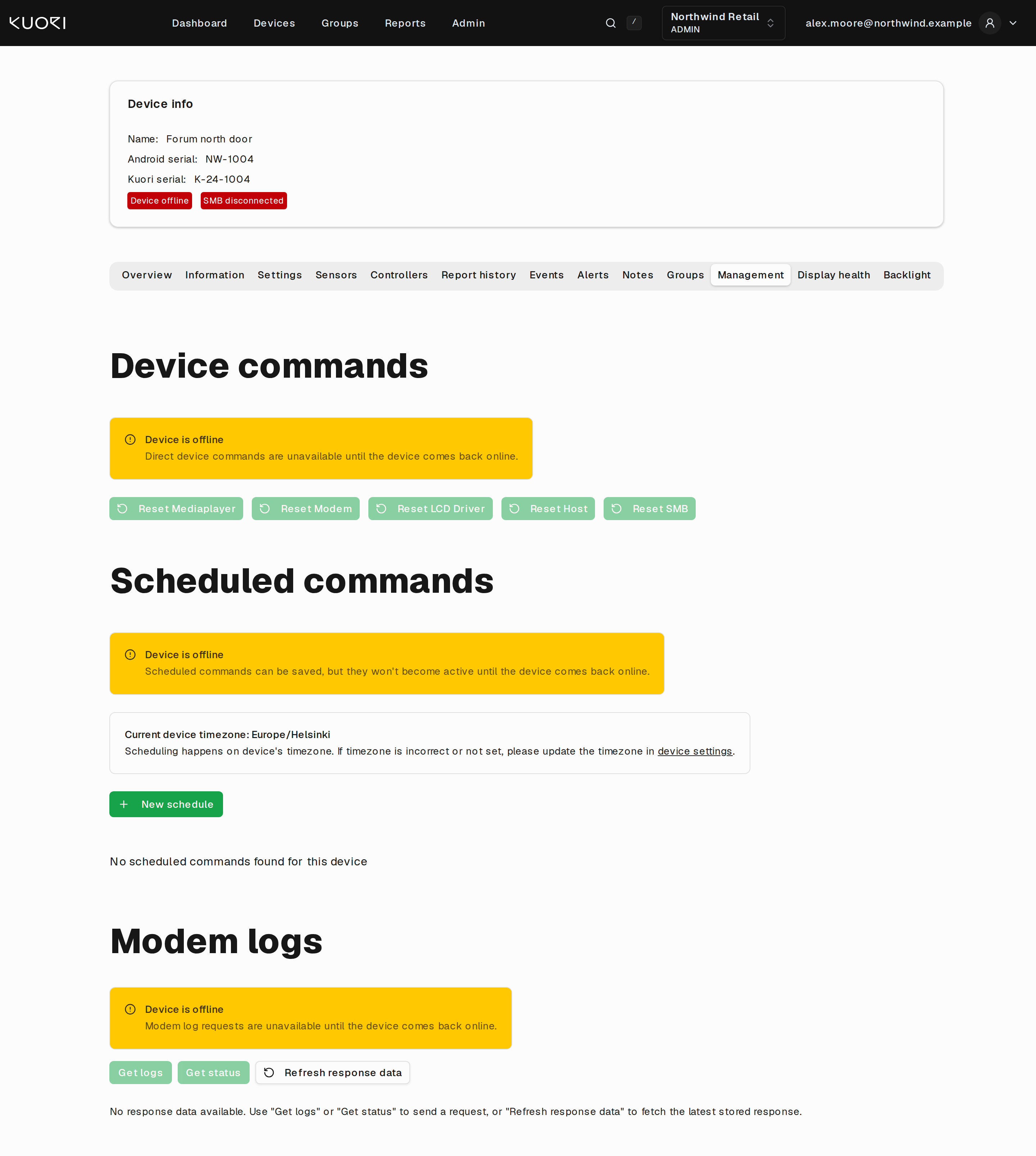 The Management tab of an offline device, with commands disabled