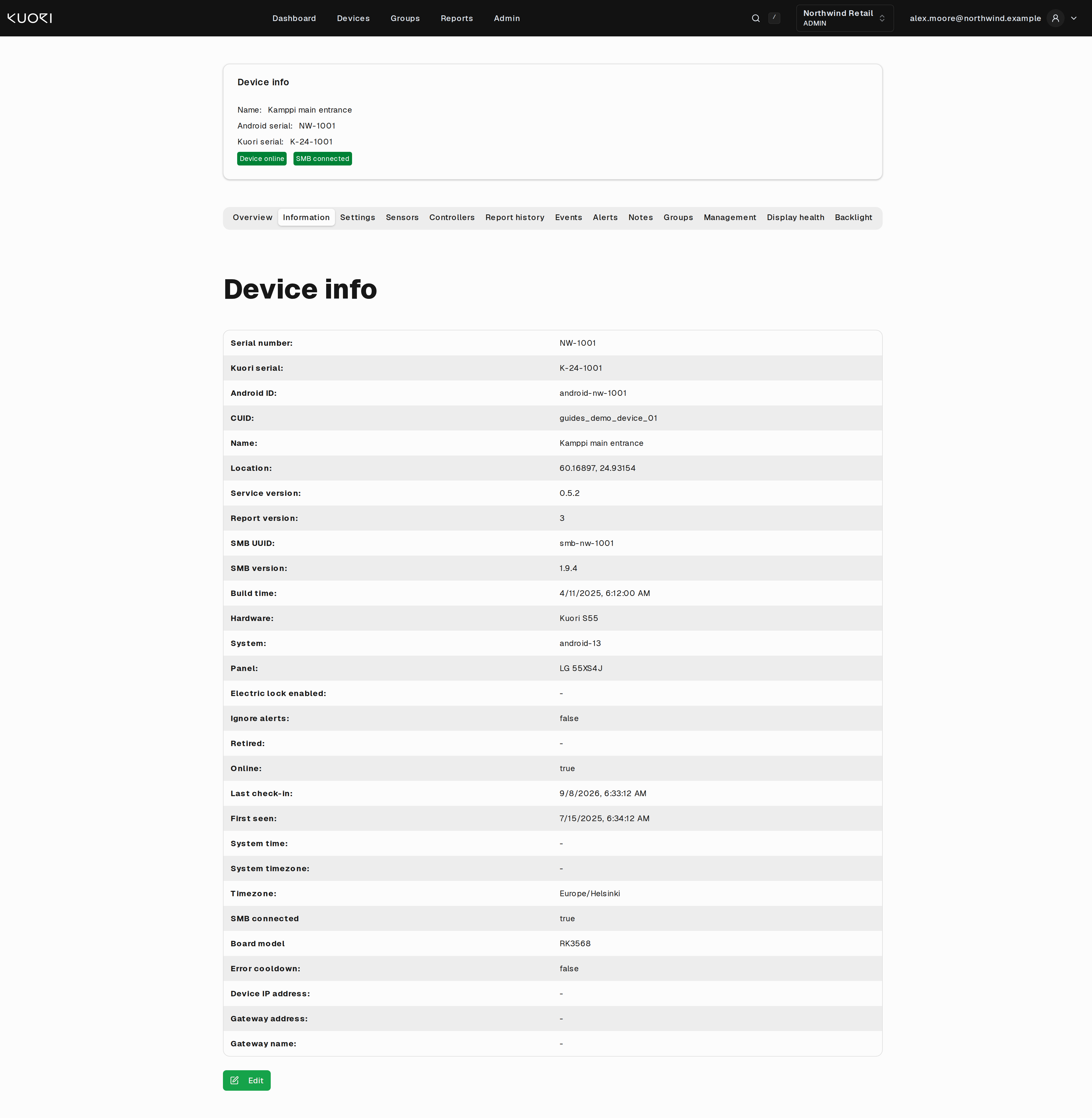 The Information tab, listing every stored field for the device