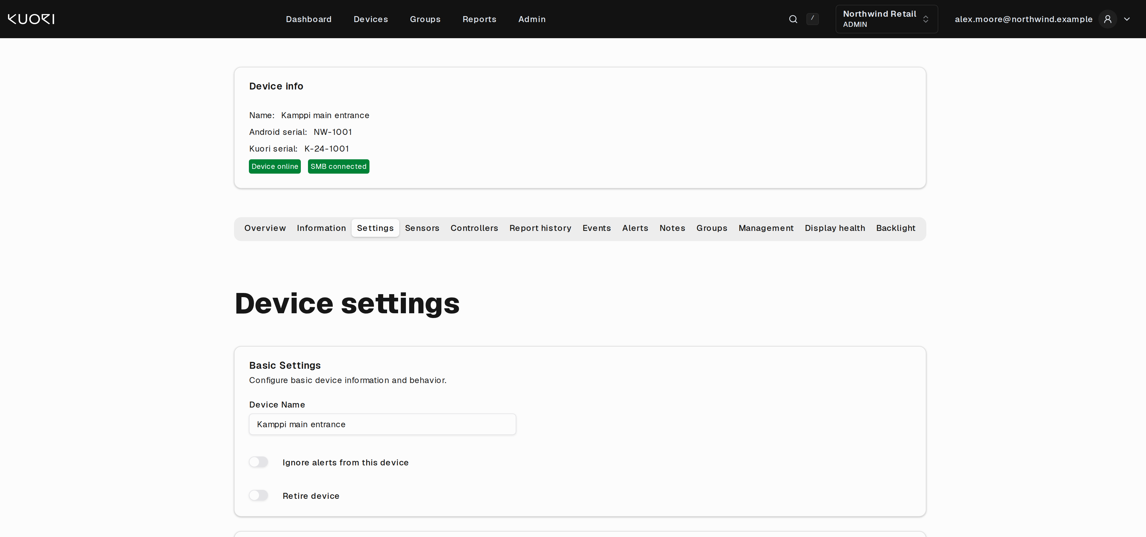 The Settings tab, with basic settings and timezone