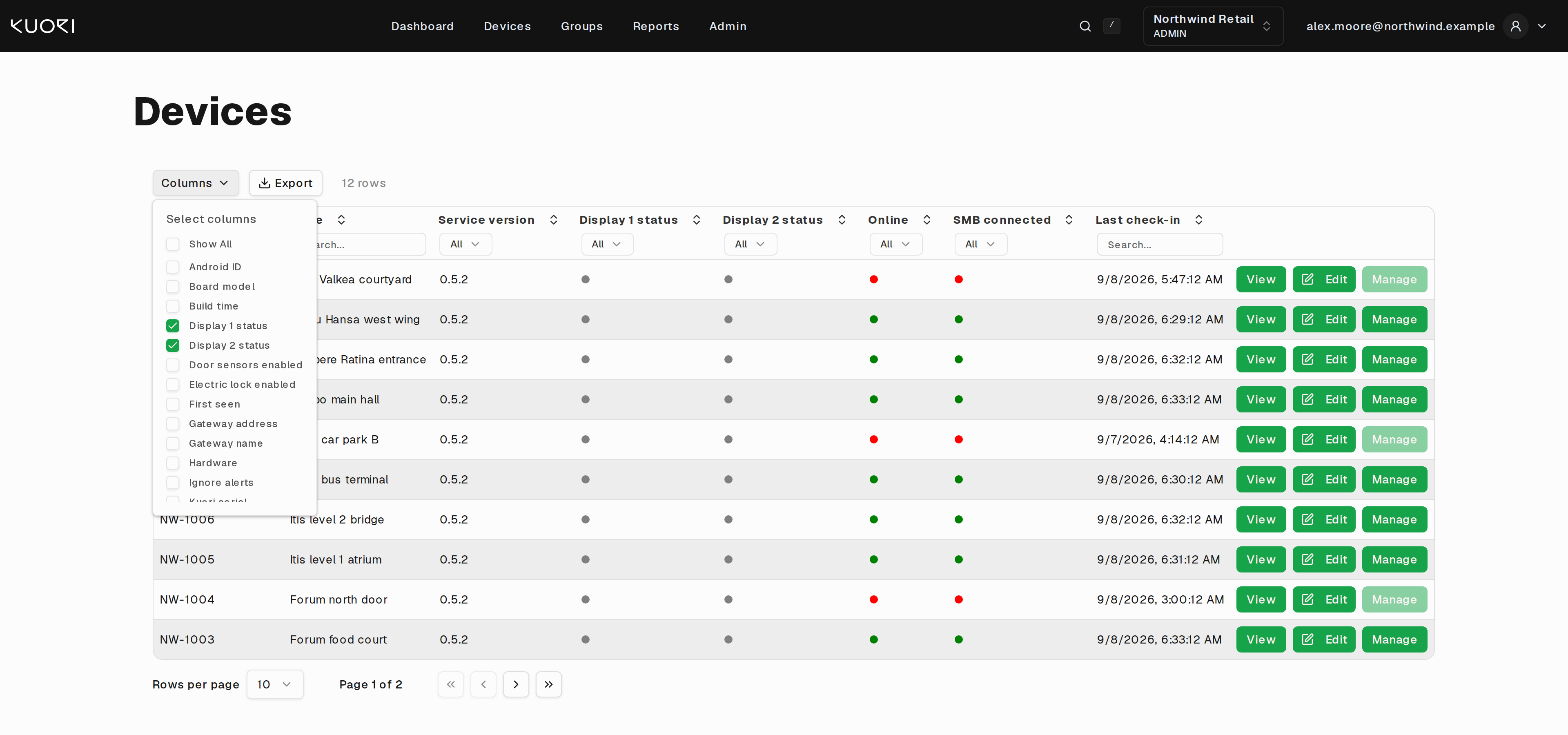 The Columns menu, listing every available column