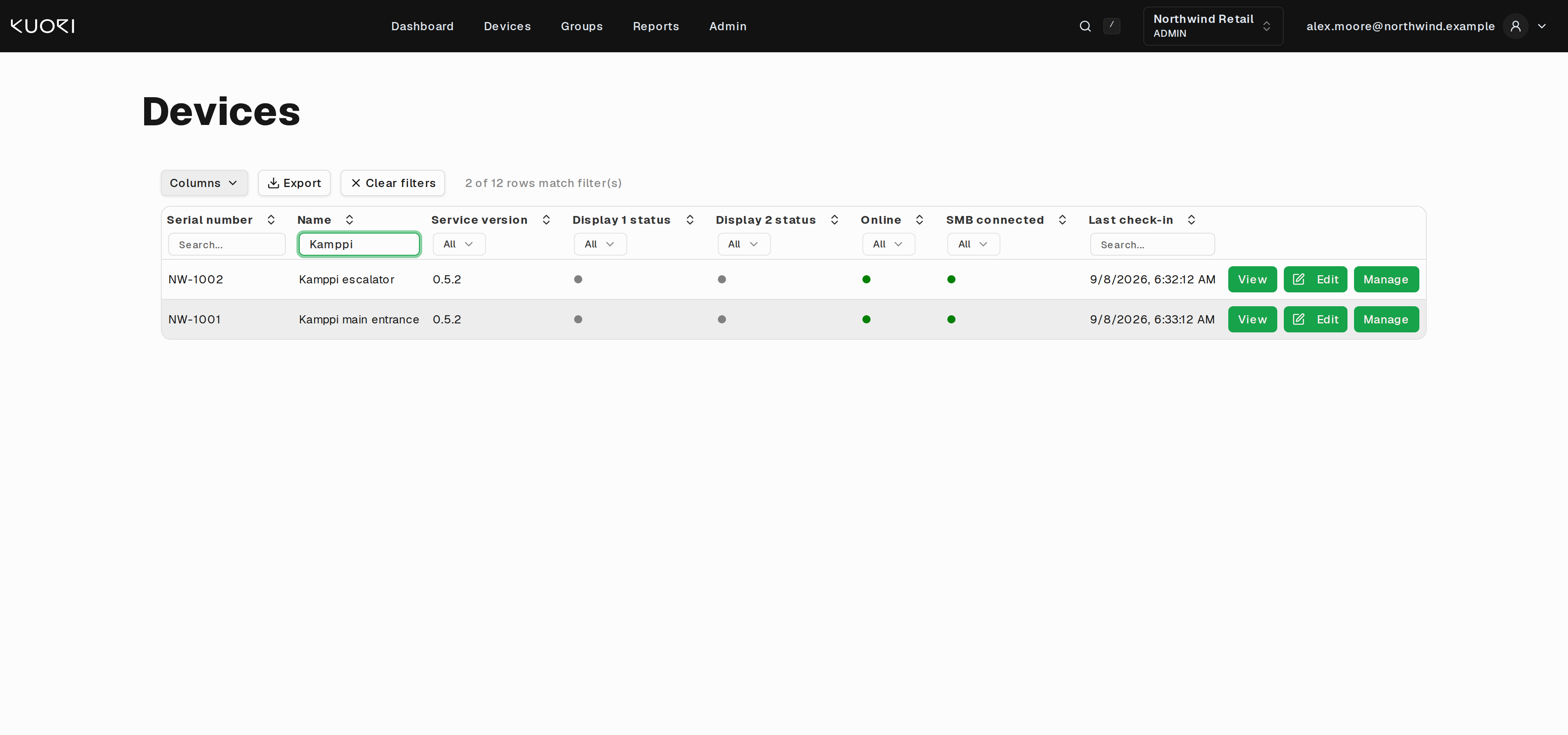 The device table filtered to one site by name