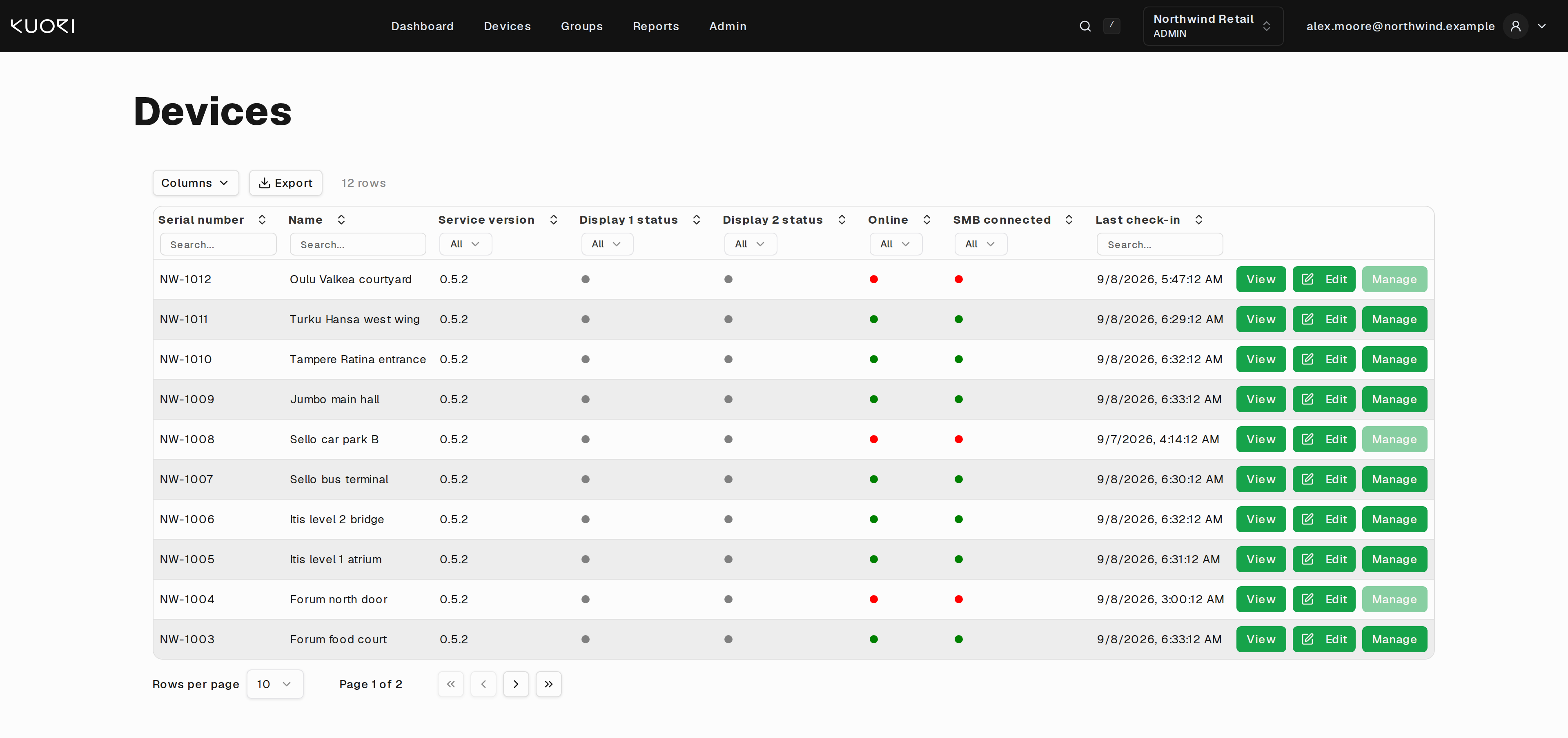 The Devices page, showing the device table