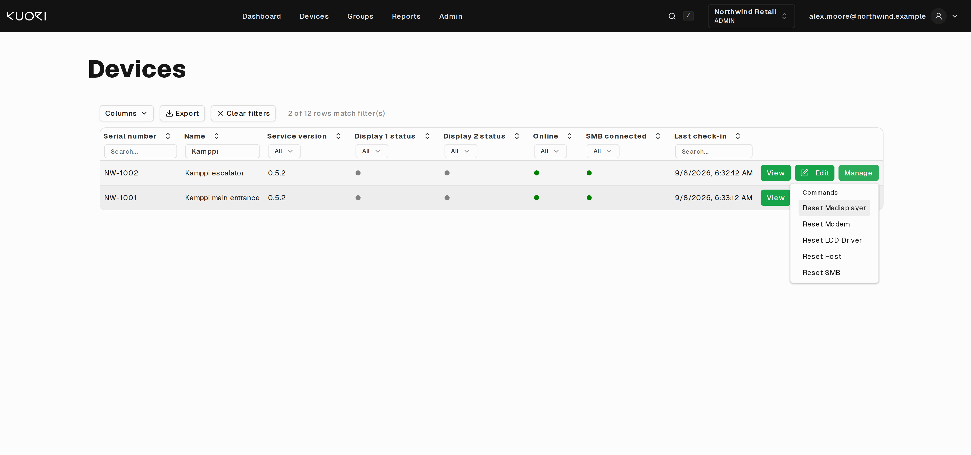 The Manage menu open on a device row, listing the five reset commands