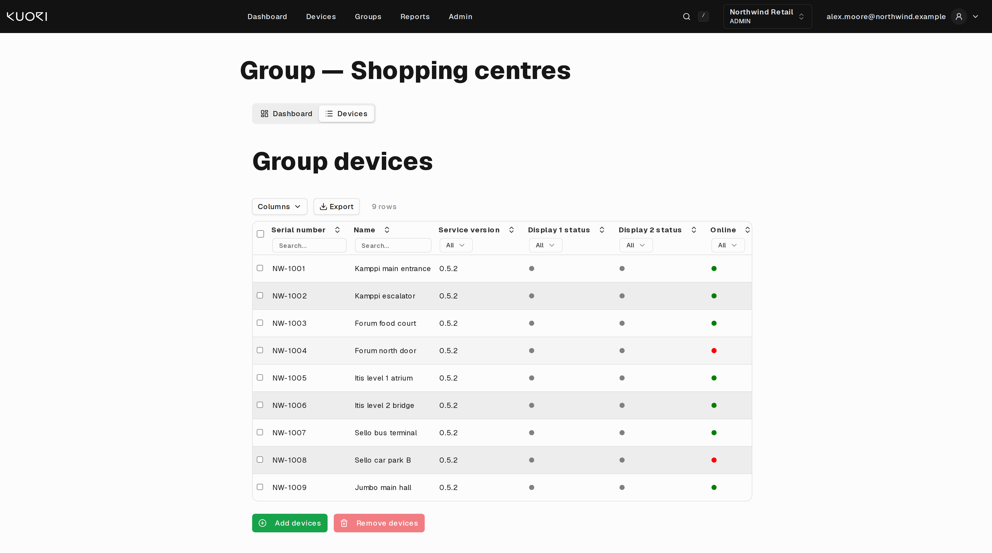 The group's device list, with Add devices and Remove devices