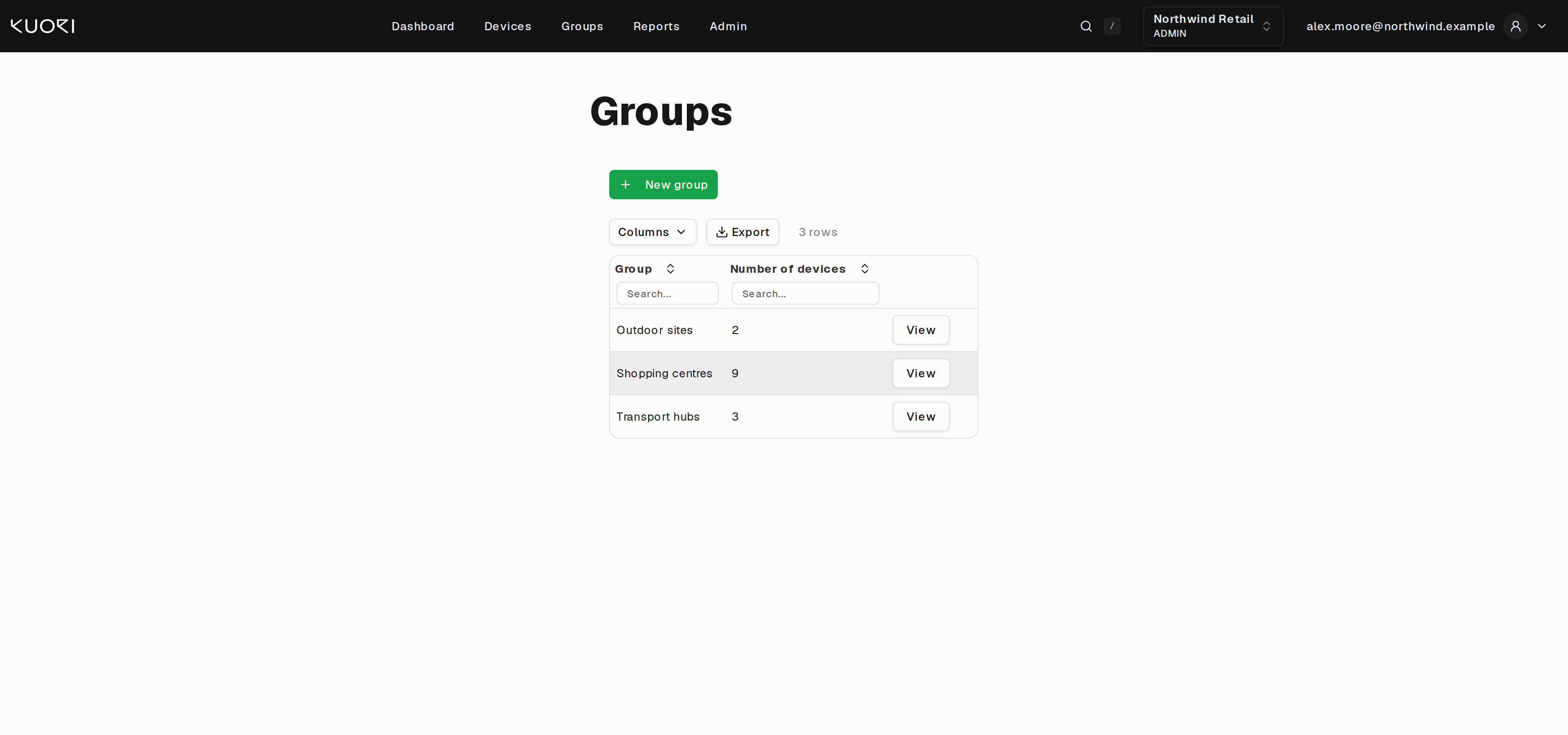 The Groups page, listing each group and its device count
