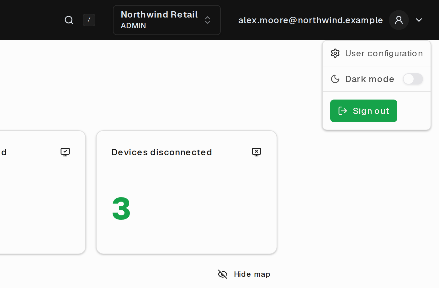 The account menu, with User configuration, a dark mode switch, and Sign out