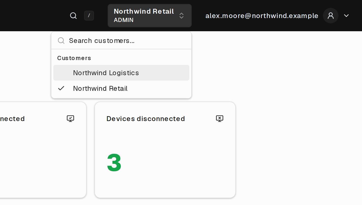 The customer selector open, listing the customers the account can reach