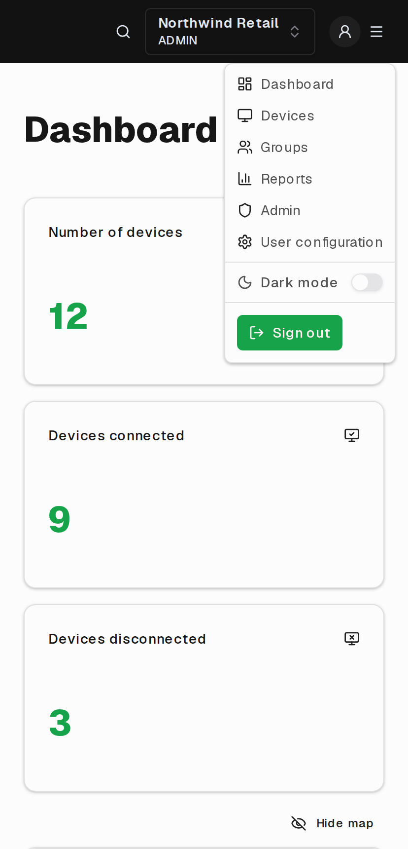 The mobile menu, with page links above the account items