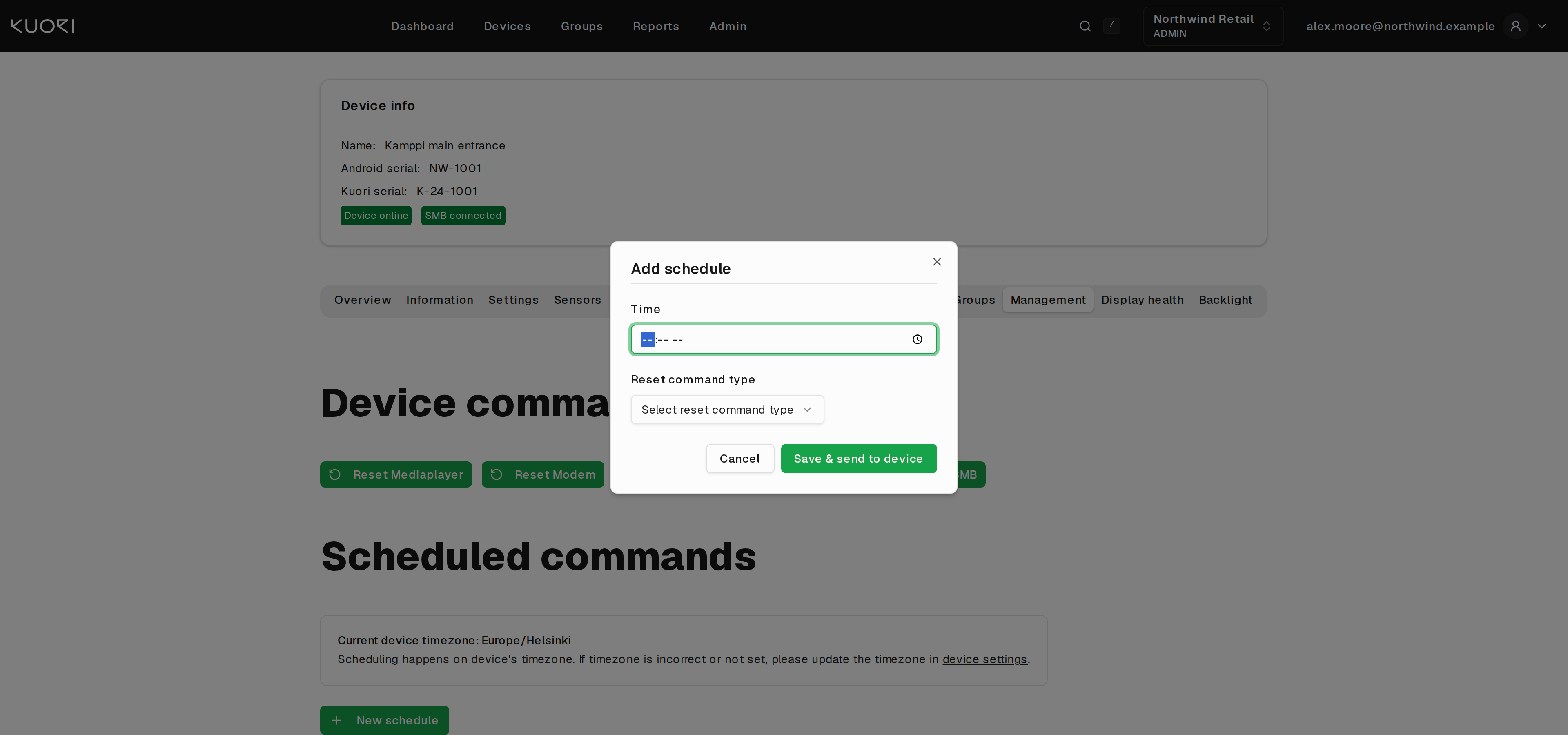 The Add schedule dialog, with a time and a reset command type