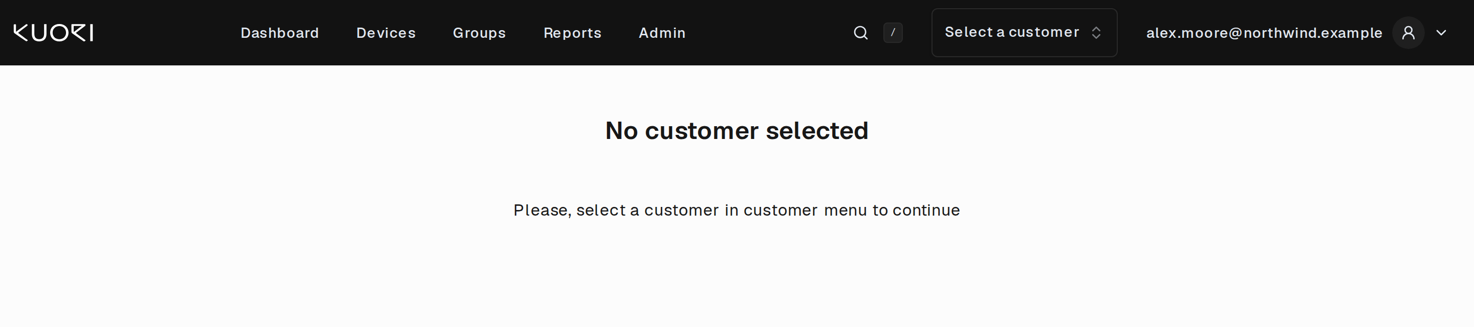 The No customer selected message shown before a customer is chosen
