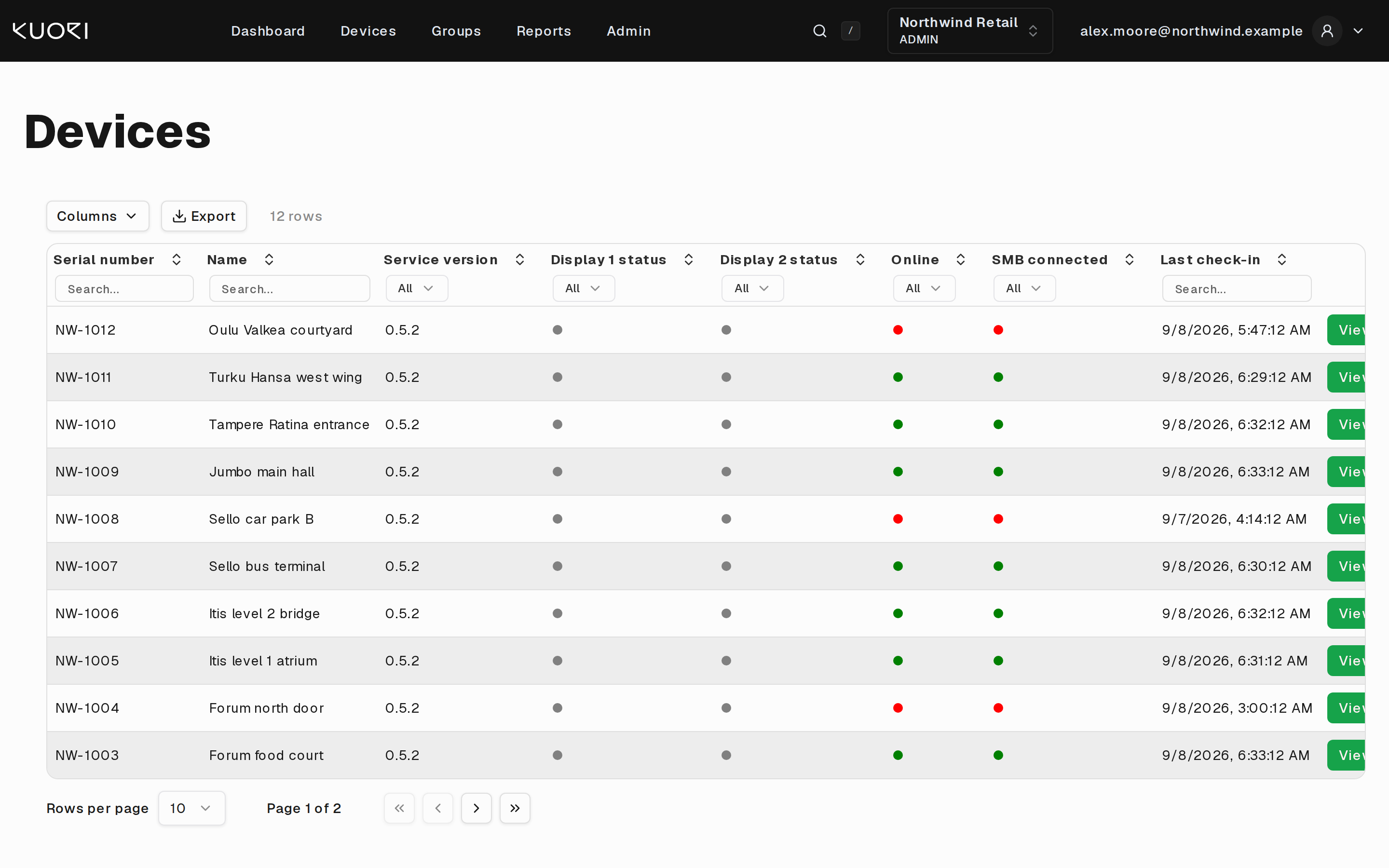 The device list in light mode