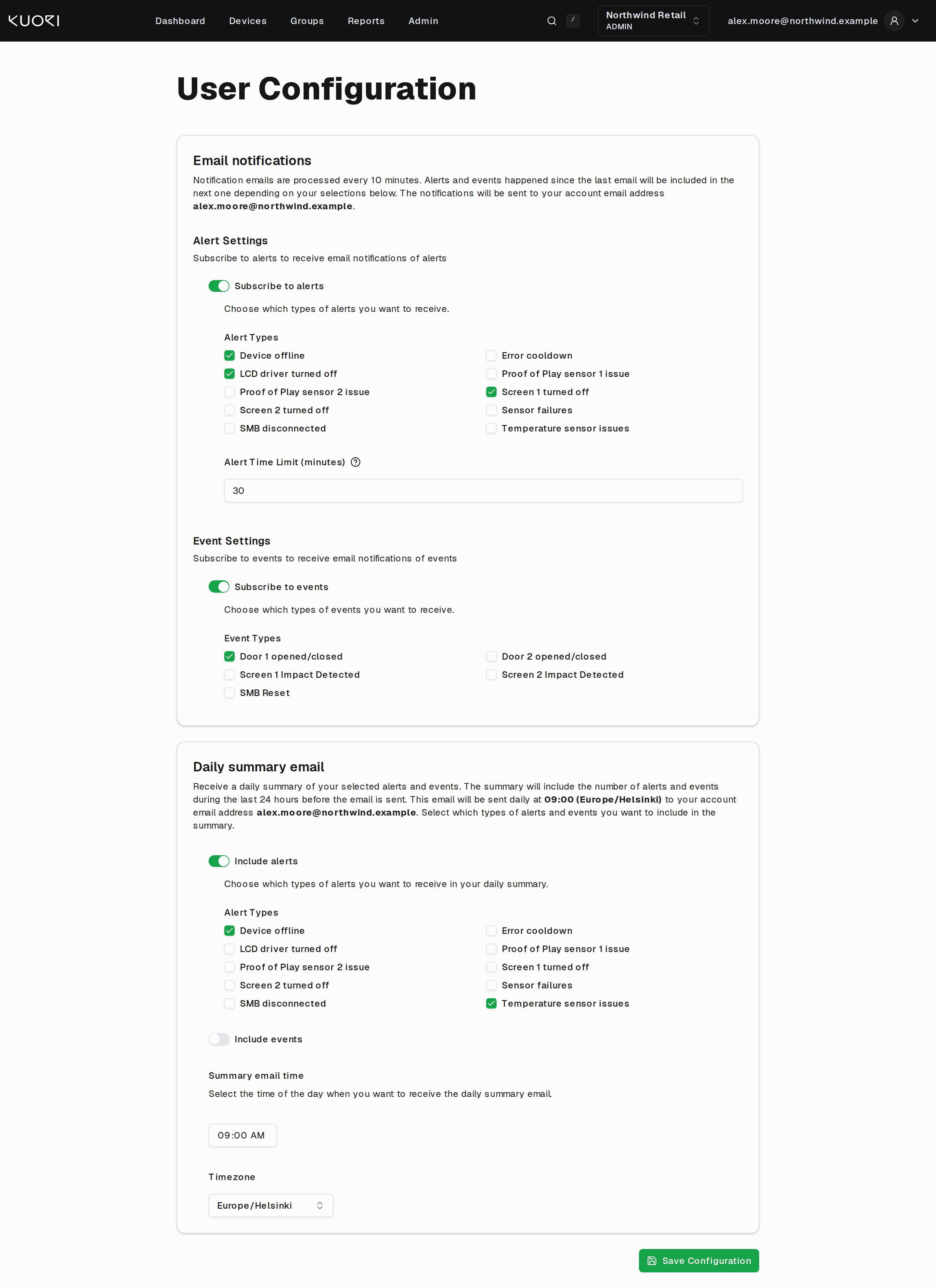 The User configuration page, with alert, event and daily summary settings